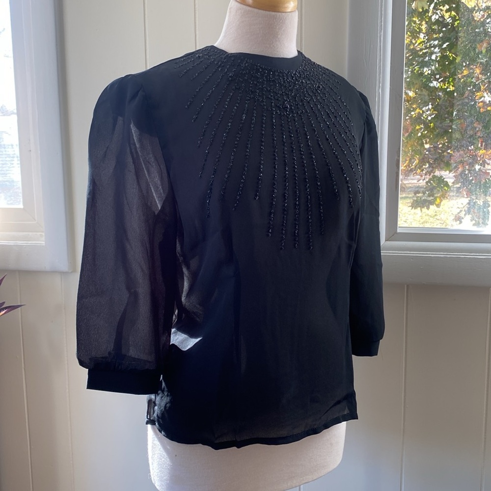 Vintage 60s 70s Glitter Embellished Button Back Blouse M